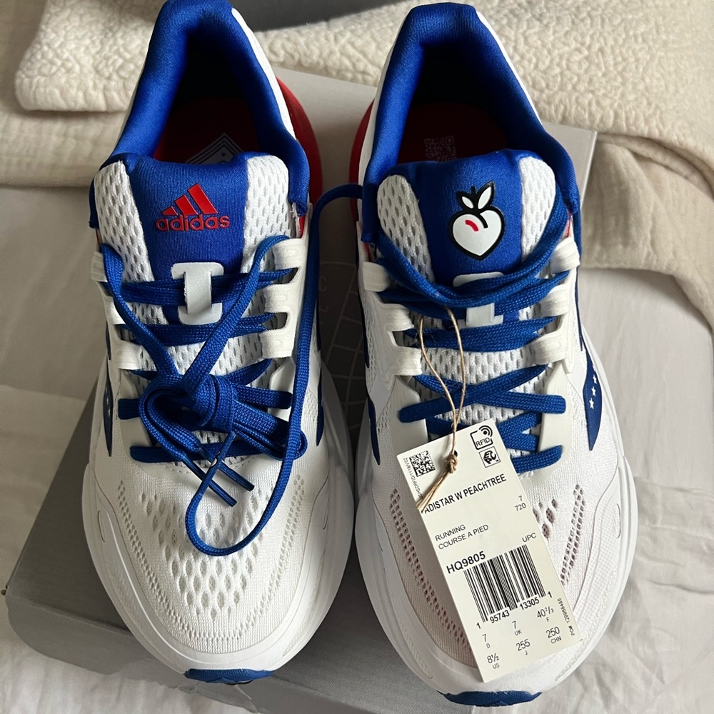 adidas White and Blue Sneakers with Breathable Mesh and Thick Cushioning